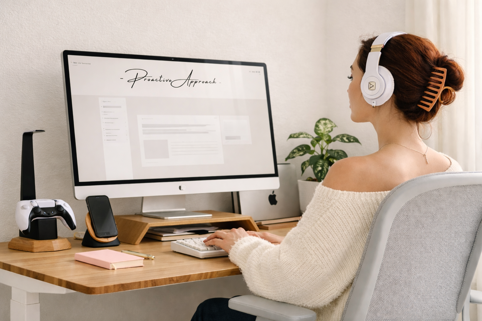 Calm, organised workspace with a woman working confidently at her desk